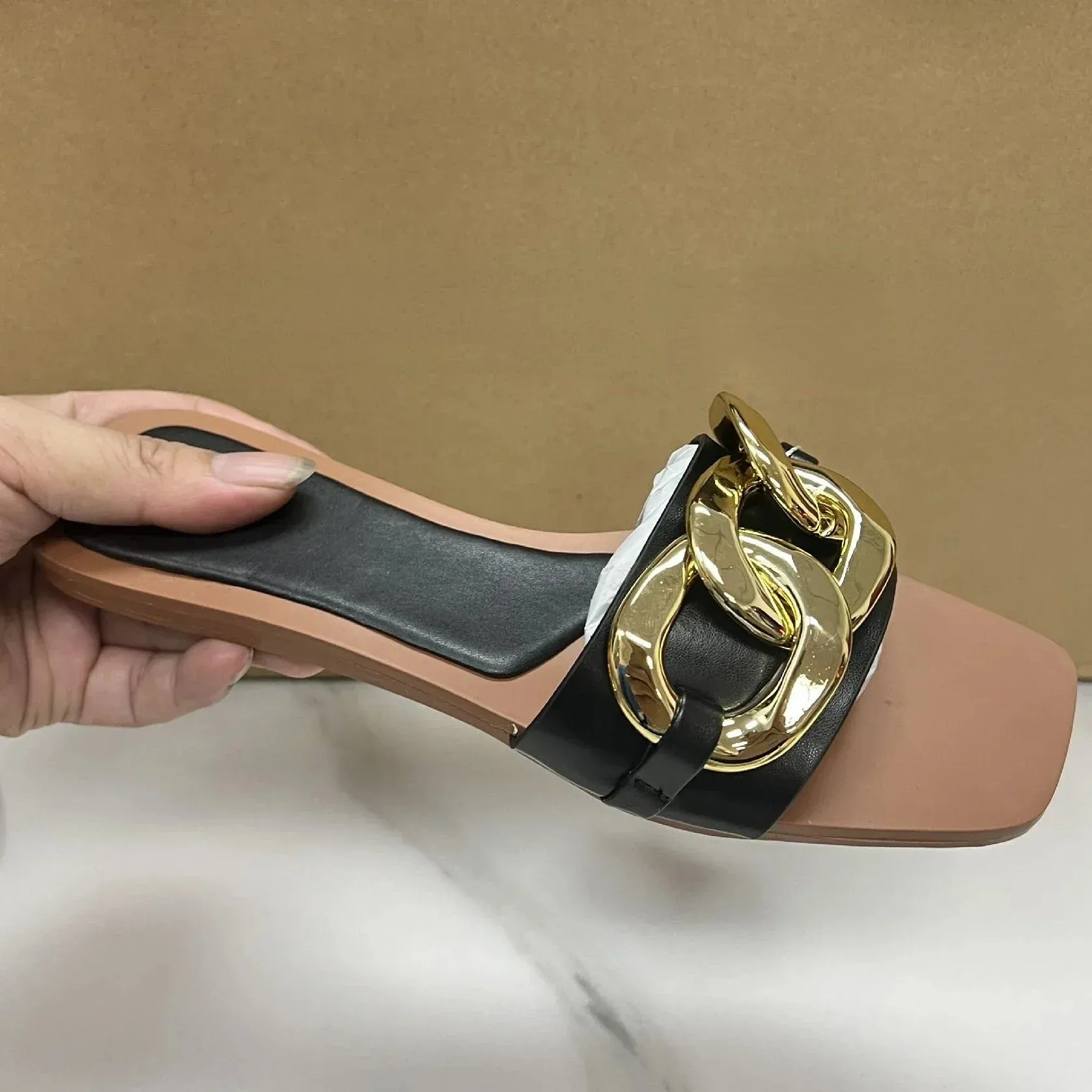 AMOZAE-- Ladies Slides with Metal Buckle Design