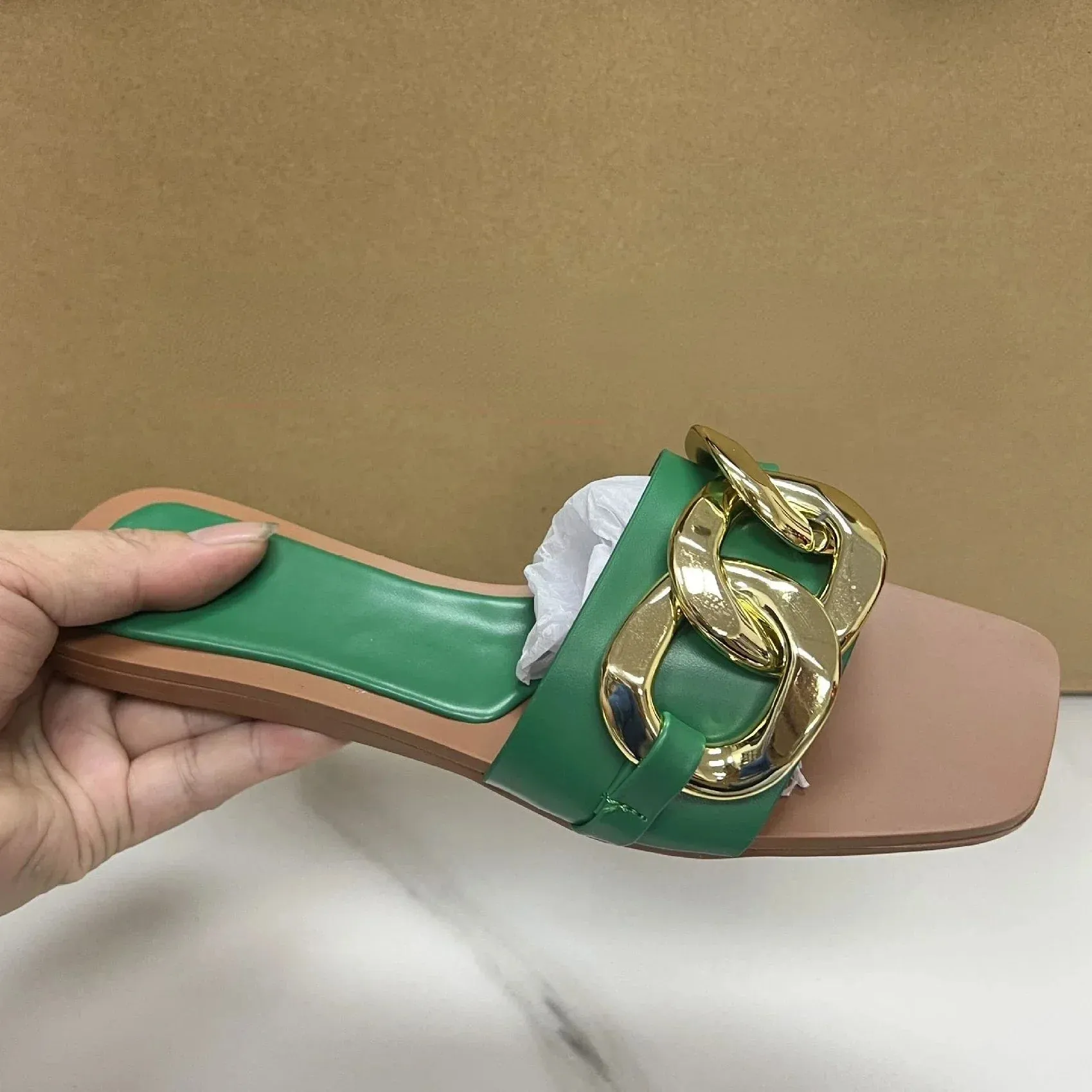 AMOZAE-- Ladies Slides with Metal Buckle Design