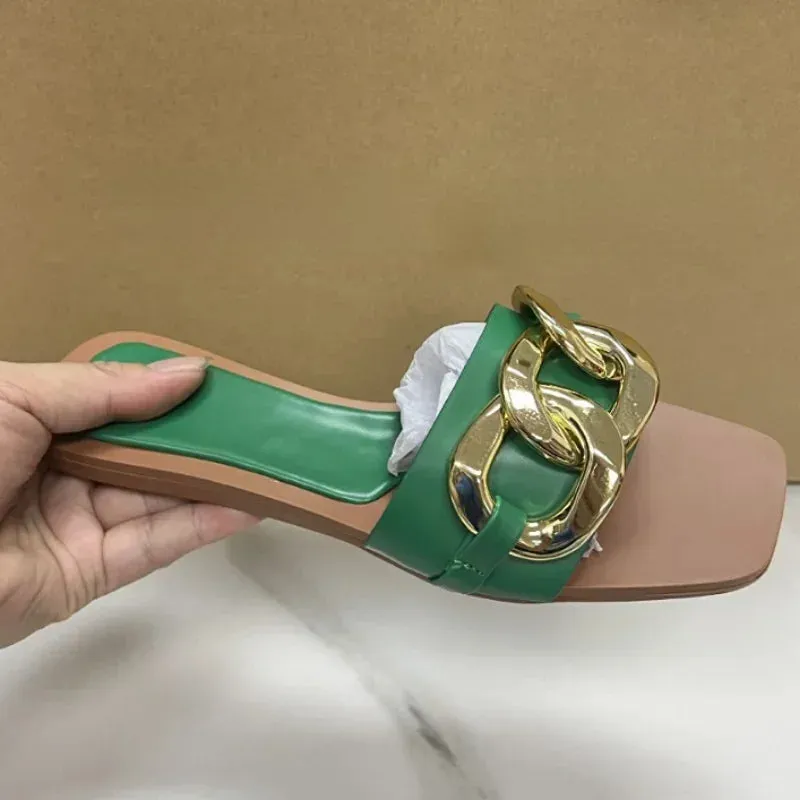 AMOZAE-- Ladies Slides with Metal Buckle Design