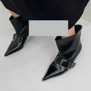 Amozae-Pointed Toe Metal Buckle Strap Short Boots For Female Women Thin High Heel 2024 New Leather Fabric Elegant Sexy Winter Shoes