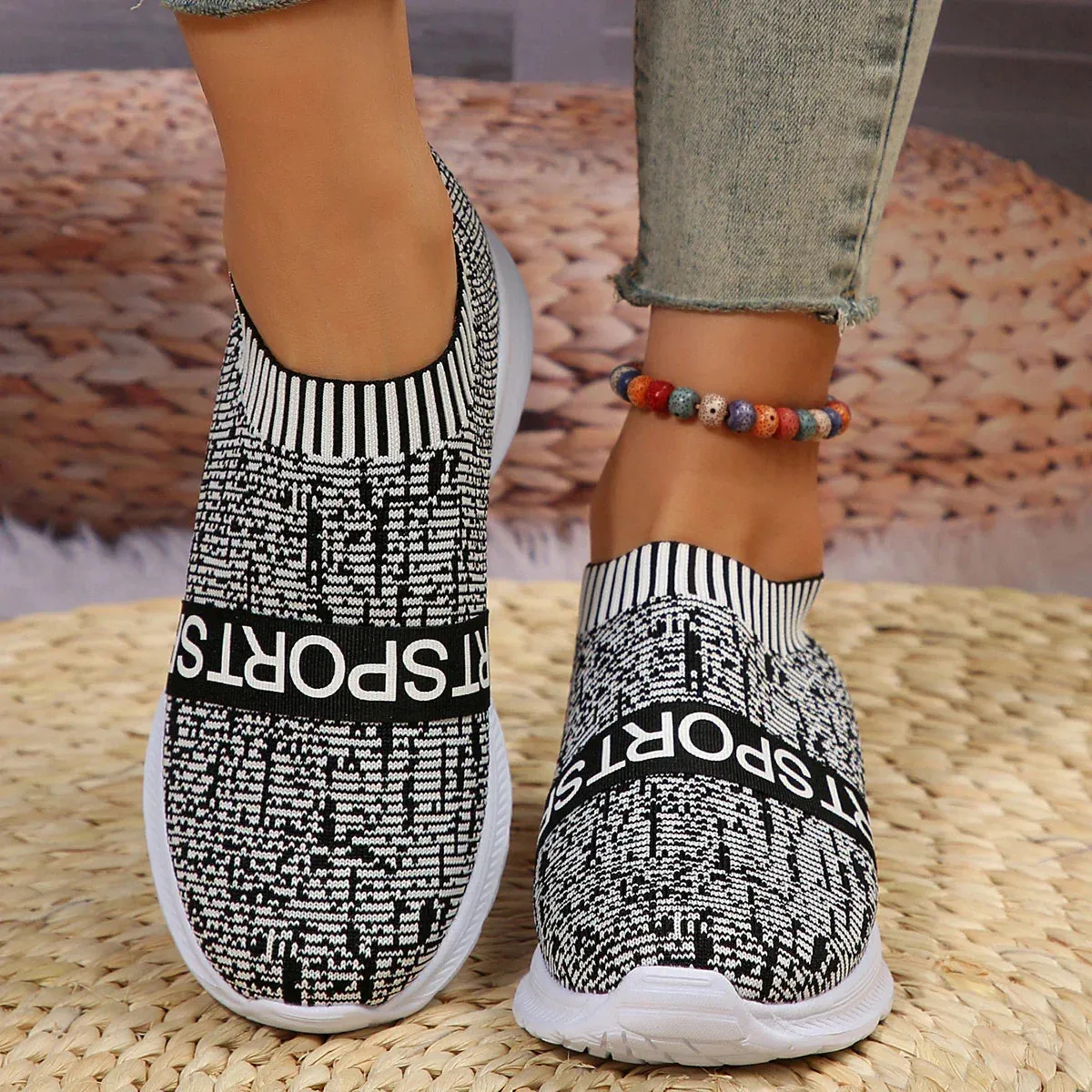 AMOZAE- - Striped Knitted Platform Sneakers Lightweight Shoes