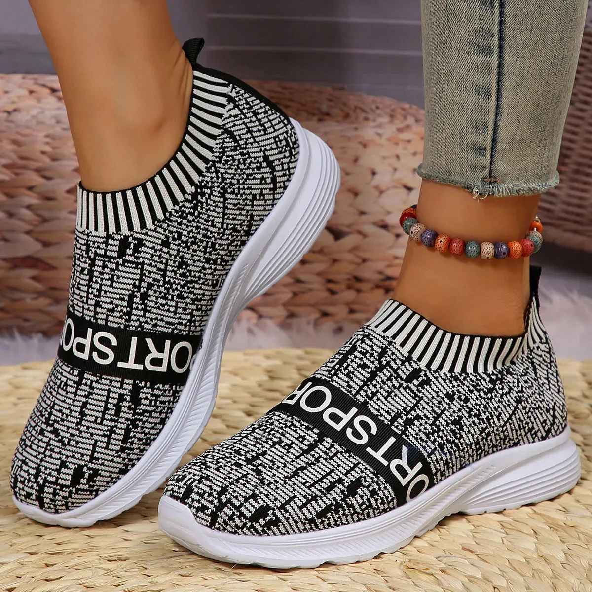 AMOZAE- - Striped Knitted Platform Sneakers Lightweight Shoes