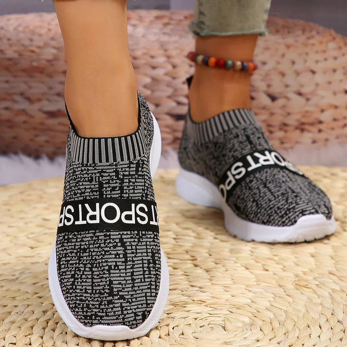 AMOZAE- - Striped Knitted Platform Sneakers Lightweight Shoes