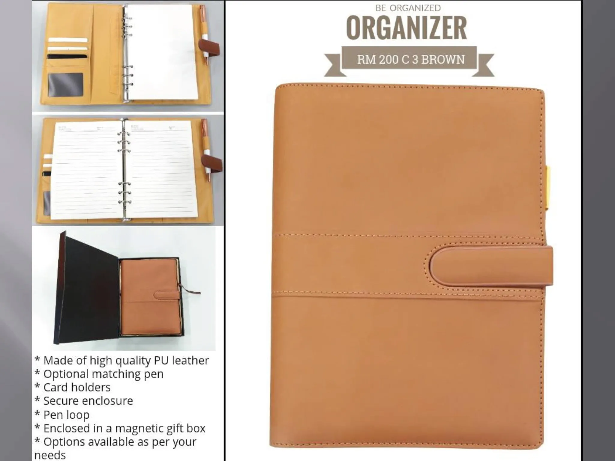 AMS-RM-200 C 3 - (Brown) - PU Leather Organizer