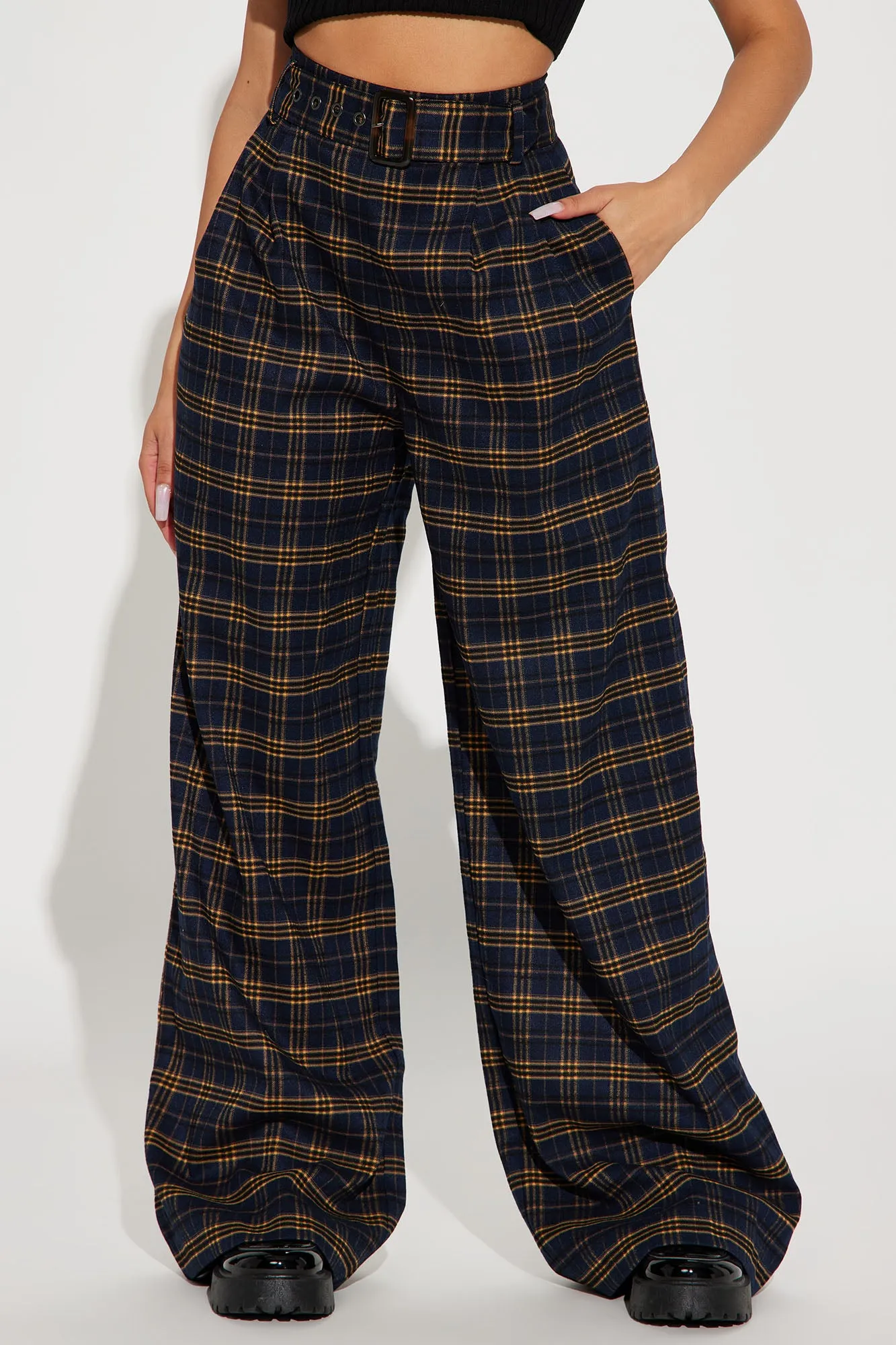 Amy Belted Plaid Trouser - Navy/combo