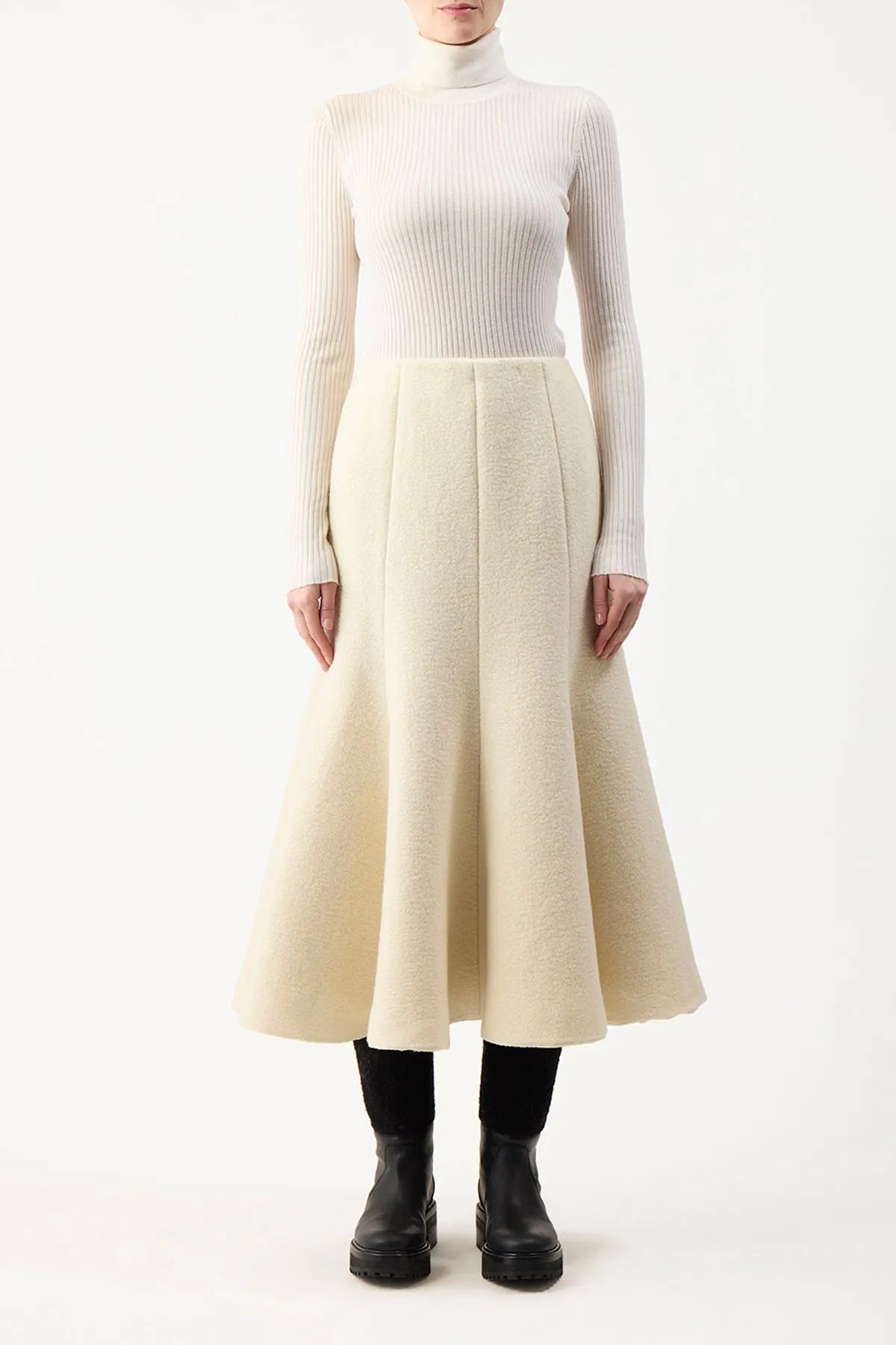 Amy Midi Skirt in Ivory Double-Face Recycled Cashmere Felt