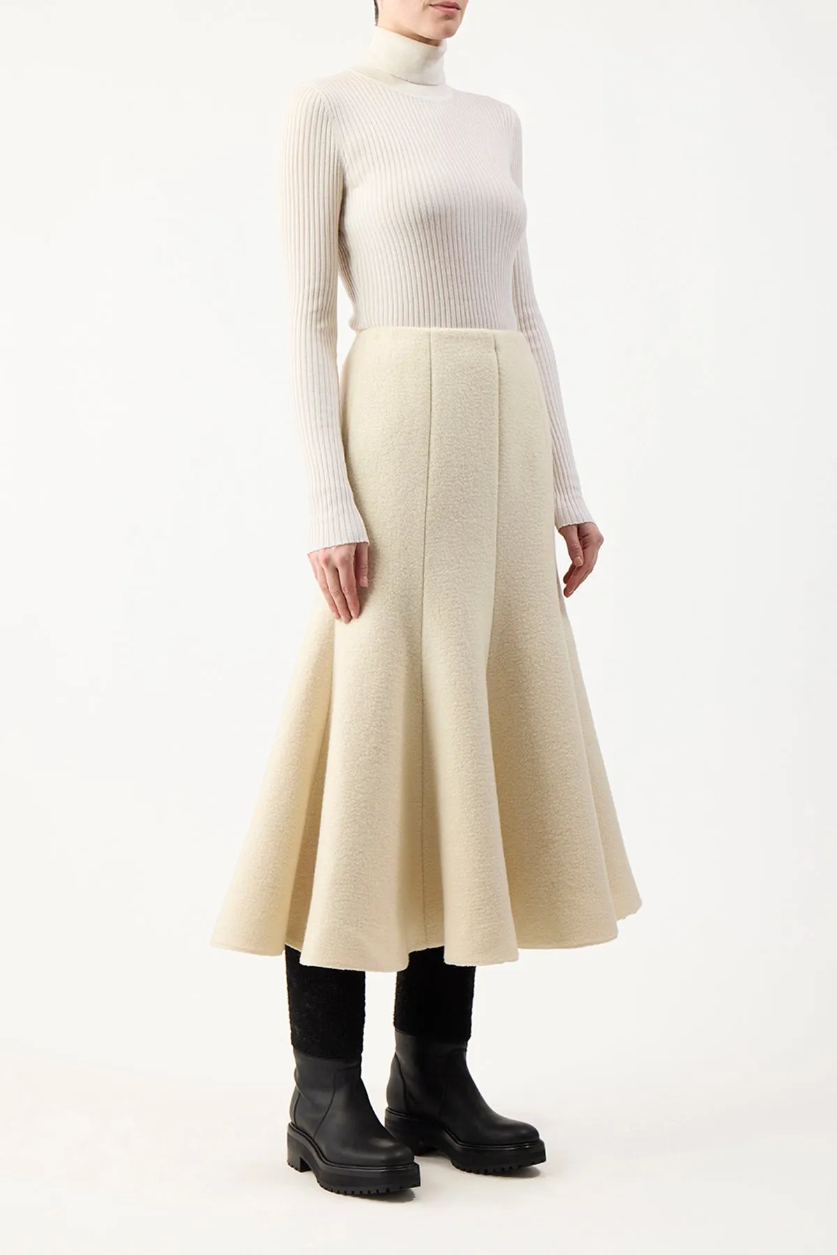 Amy Midi Skirt in Ivory Double-Face Recycled Cashmere Felt