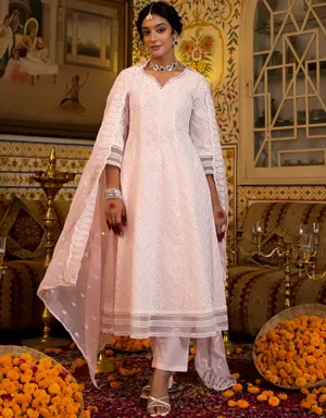 Anarkali Kurta Trouser With Dupatta Set Baby Pink Pure Cotton Pant Anarkali