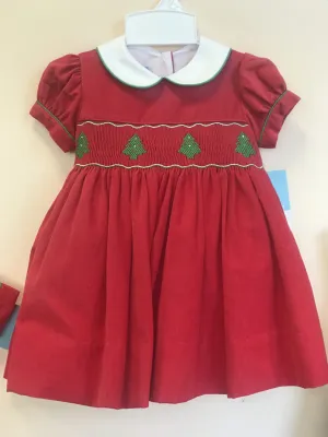 Anavini Baby & Youth Girls Red Christmas Tree Hand Smocked Corduroy Dress