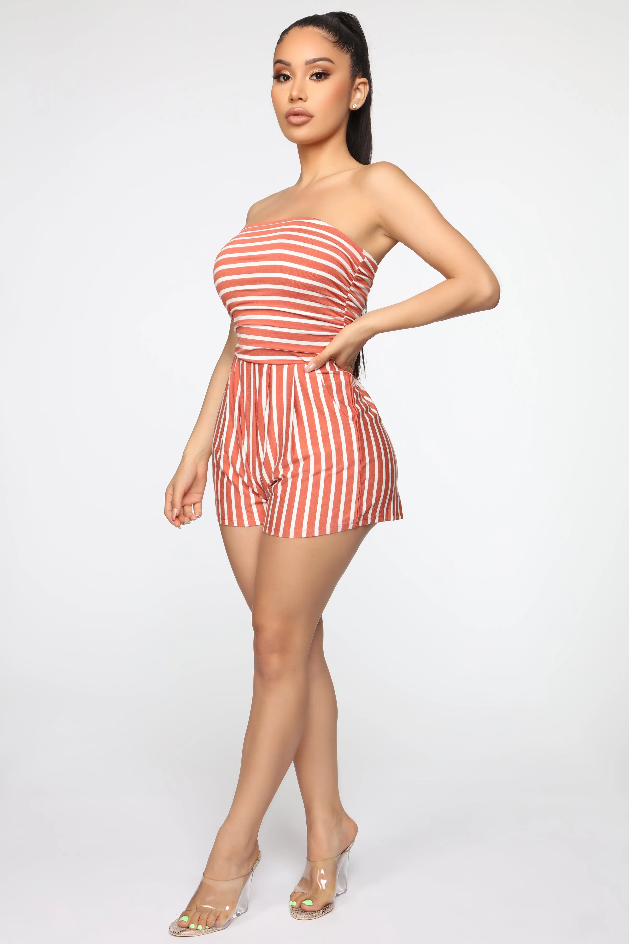 Anchors Up Striped Romper - Dark Blush