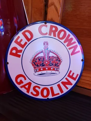 Ande Rooney porcelain Red Crown Gasoline sign