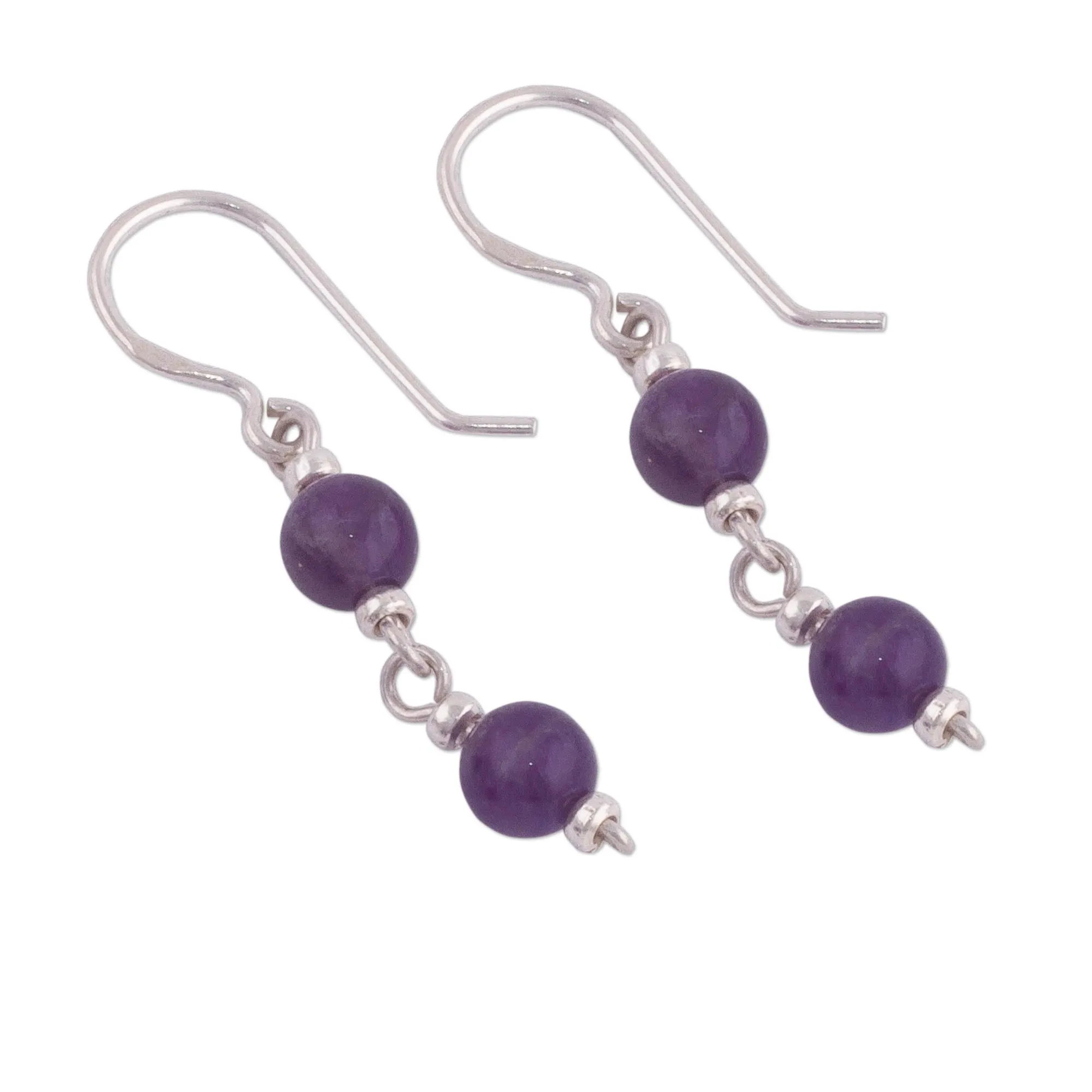 Andean Emotion Dangle Earrings in Sterling Silver with Two Amethyst Beads