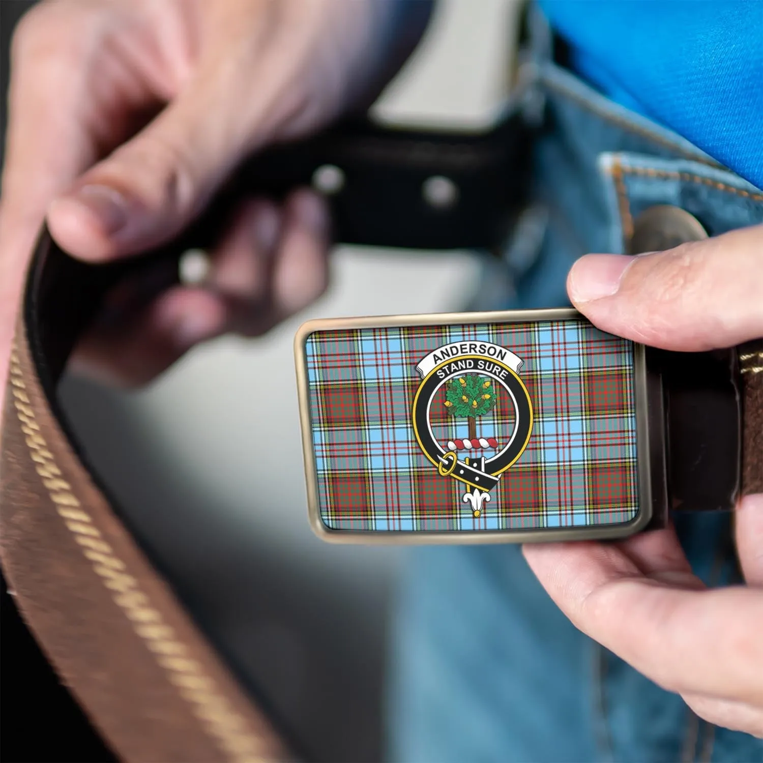 Anderson Ancient Tartan Belt Buckles with Family Crest