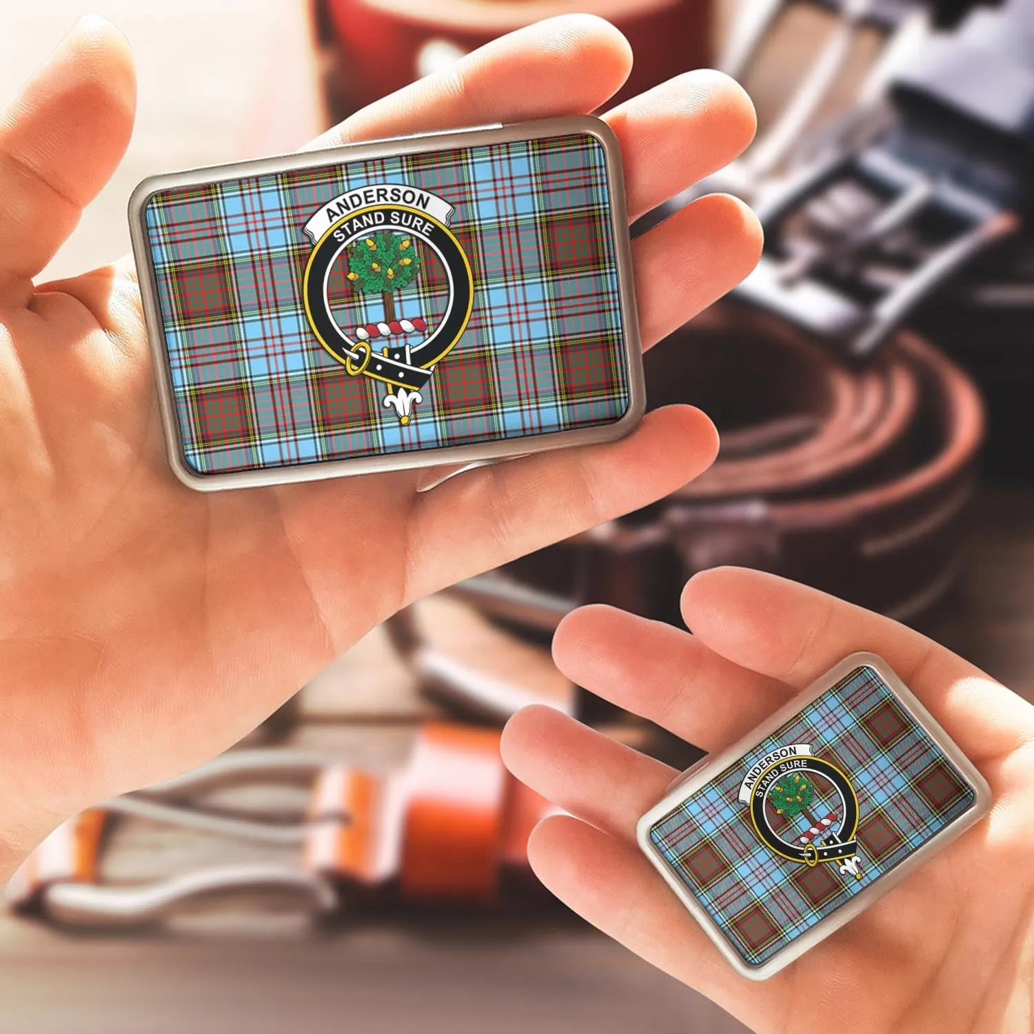 Anderson Ancient Tartan Belt Buckles with Family Crest