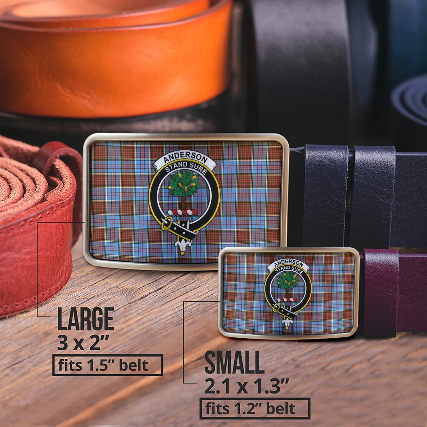 Anderson Modern Tartan Belt Buckles with Family Crest