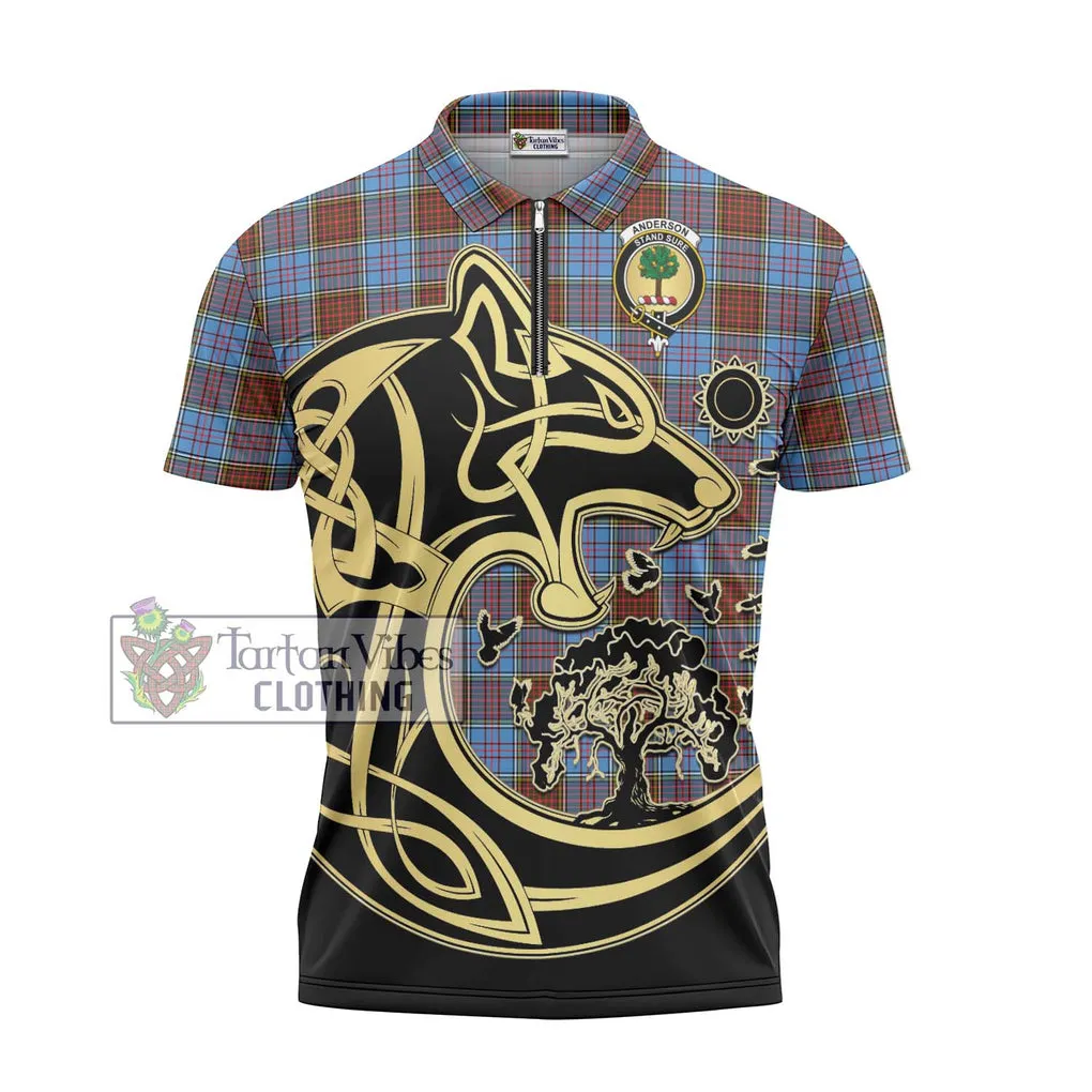 Anderson Modern Tartan Zipper Polo Shirt with Family Crest Celtic Wolf Style