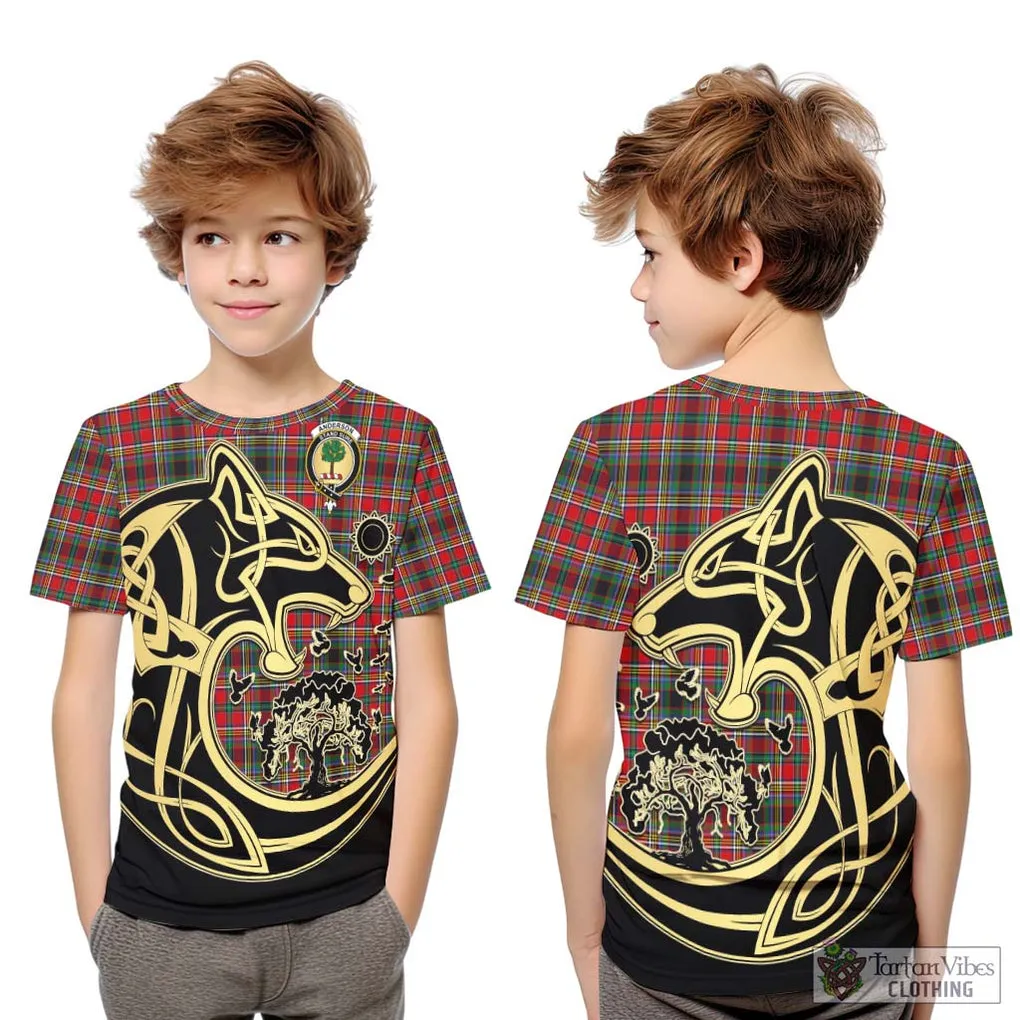 Anderson of Arbrake Tartan Kid T-Shirt with Family Crest Celtic Wolf Style