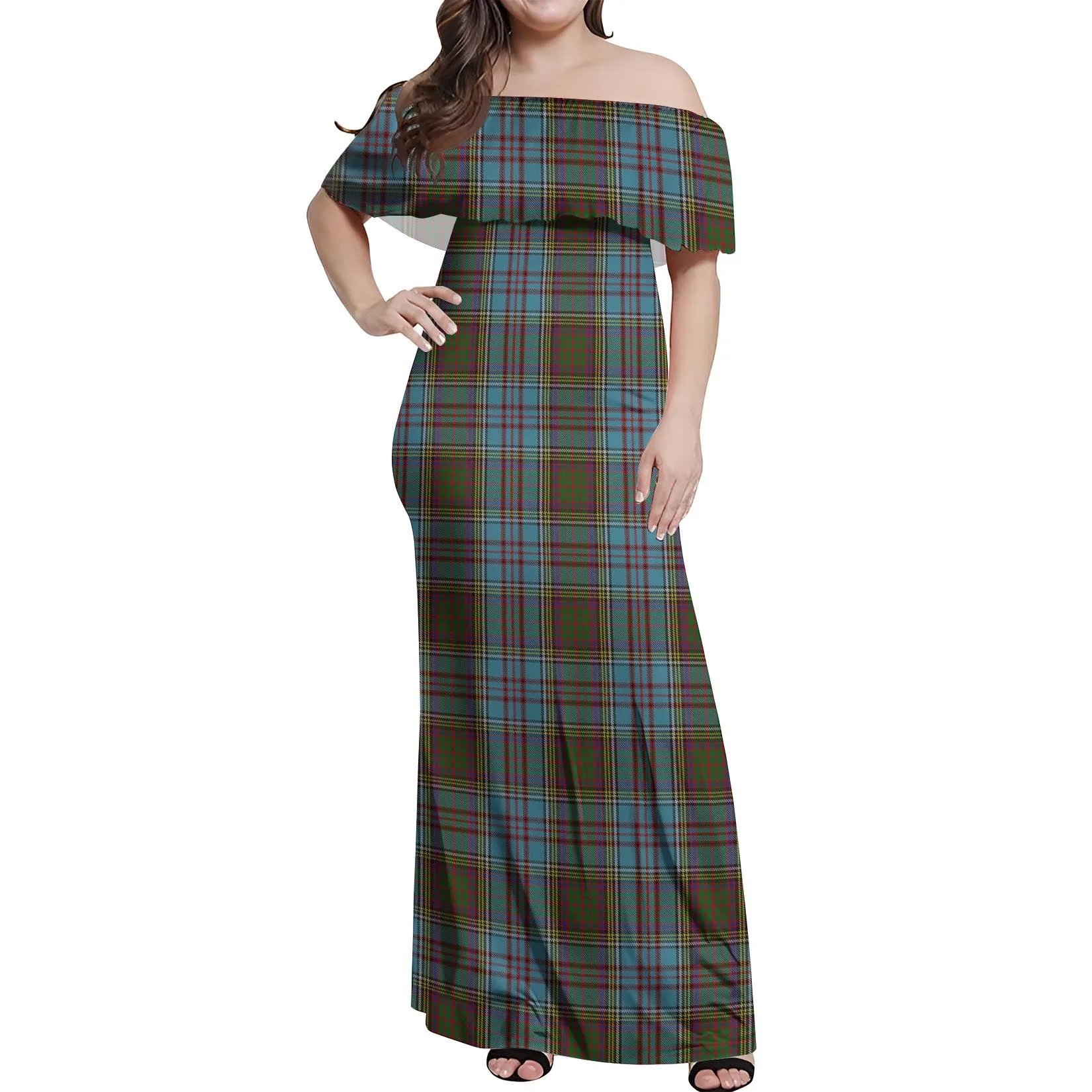 Anderson Tartan Off Shoulder Long Dress