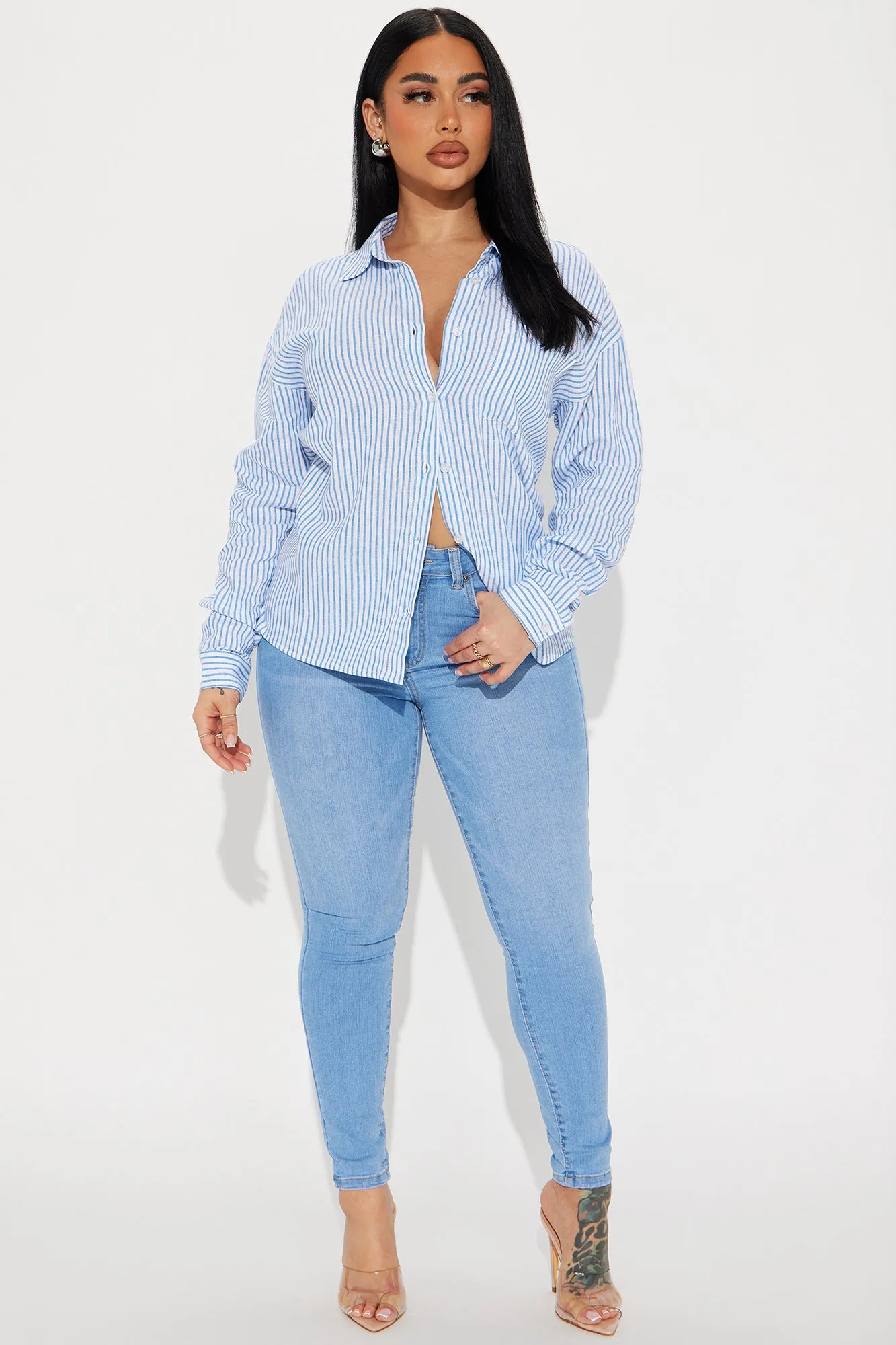 Andie Linen Striped Shirt - White/Blue