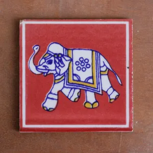 Andresh Antique Elephant Designed Ceramic Square Tile Set of 2