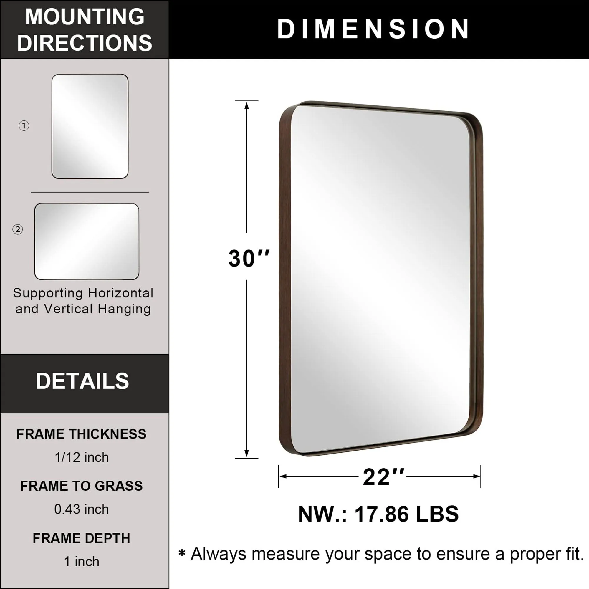 ANDY STAR Modern 22 x 30 Inch Rectangular Hanging Bathroom Vanity Mirror, Bronze