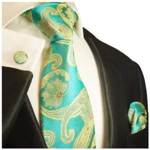 Angel Blue and Gold Paisley Silk Necktie Set By Paul Malone