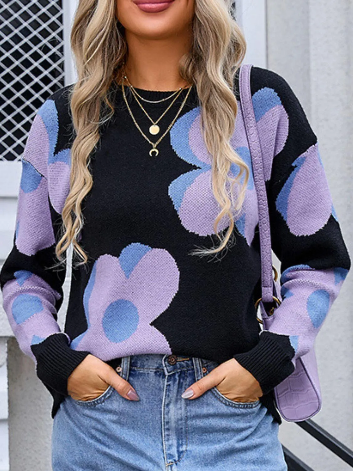 Angel Wings Flower Round Neck Sweater