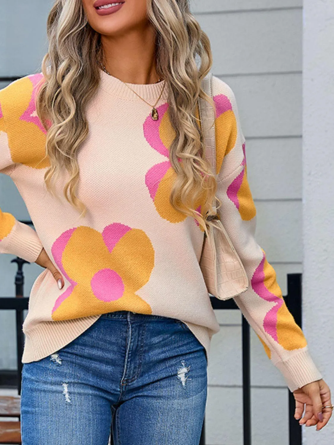 Angel Wings Flower Round Neck Sweater