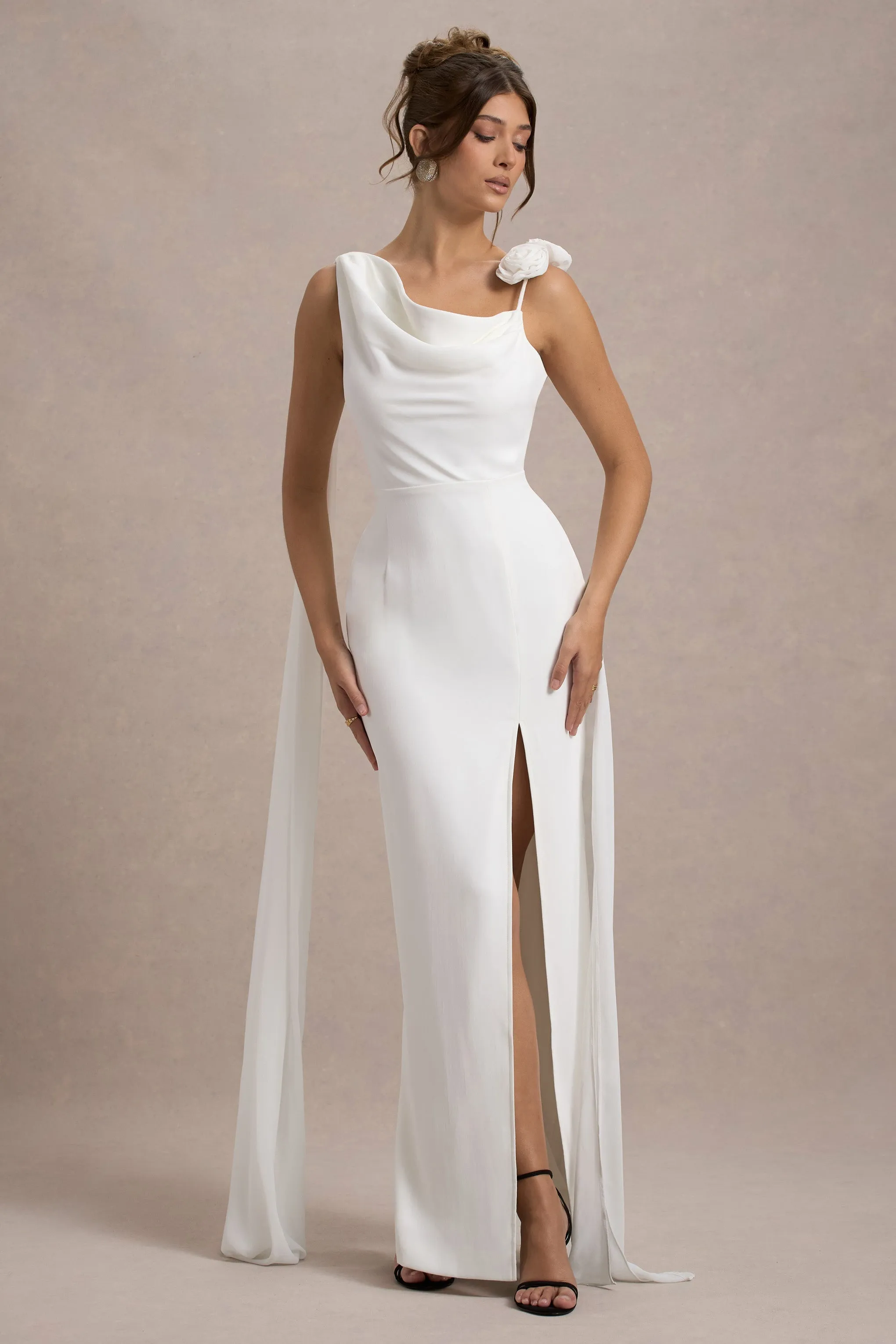 Angeline | White Chiffon Draped Split Maxi Dress With Corsages