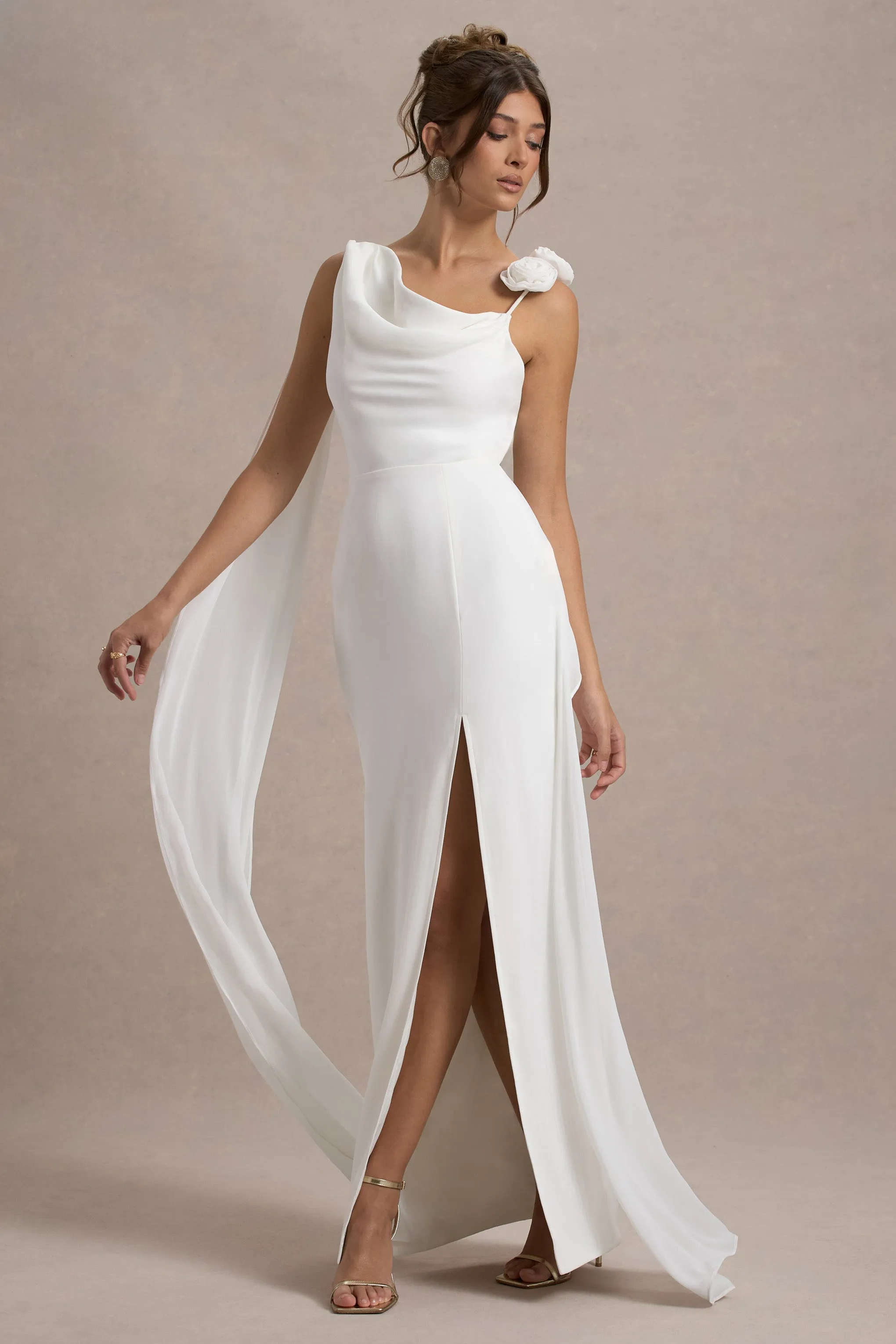 Angeline | White Chiffon Draped Split Maxi Dress With Corsages