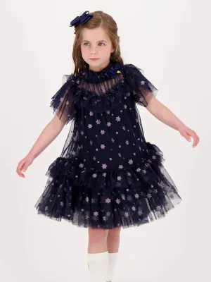 Angels Face Girls Georgette Glitter Star Dress in Navy