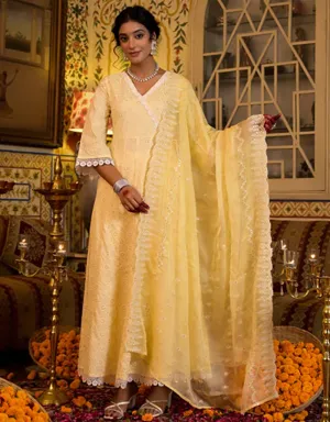 Angrakha Anarkali Kurta Trouser With Dupatta Set Yellow Pure Cotton Pant Anarkali