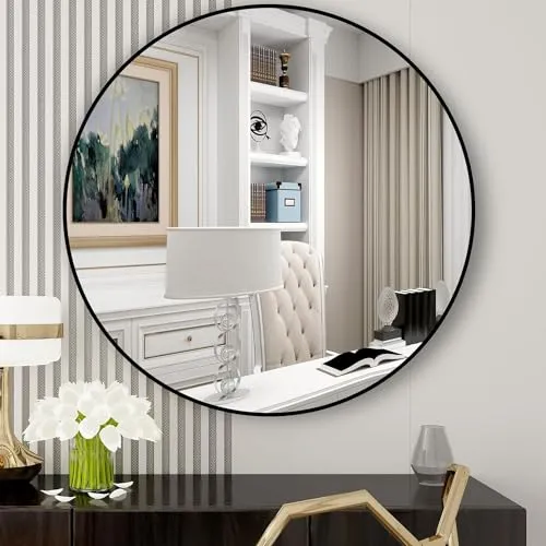 Anikaa Yemi Round Wall Mirror for Bedroom Moder Design Metal Frame Mirrors for Bathroom, Living Rooms, Entryways (Black, 24 Inches), FramedDecor