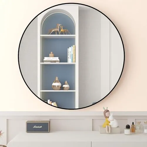 Anikaa Yemi Round Wall Mirror for Bedroom Moder Design Metal Frame Mirrors for Bathroom, Living Rooms, Entryways (Black, 24 Inches), FramedDecor