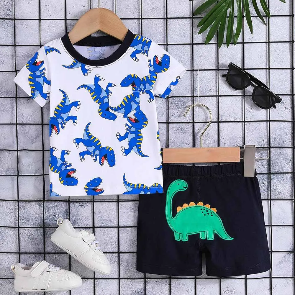 Animal Applique T-Shirt With Shorts- White & Blue