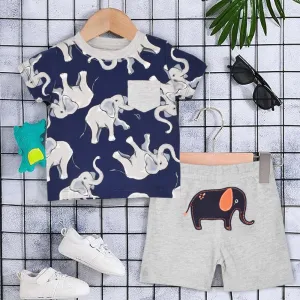 Animal Applique T-Shirt With Shorts- White & Blue