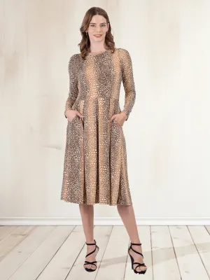 Animal Print Long Sleeve Pleated Midi Dress with Pockets