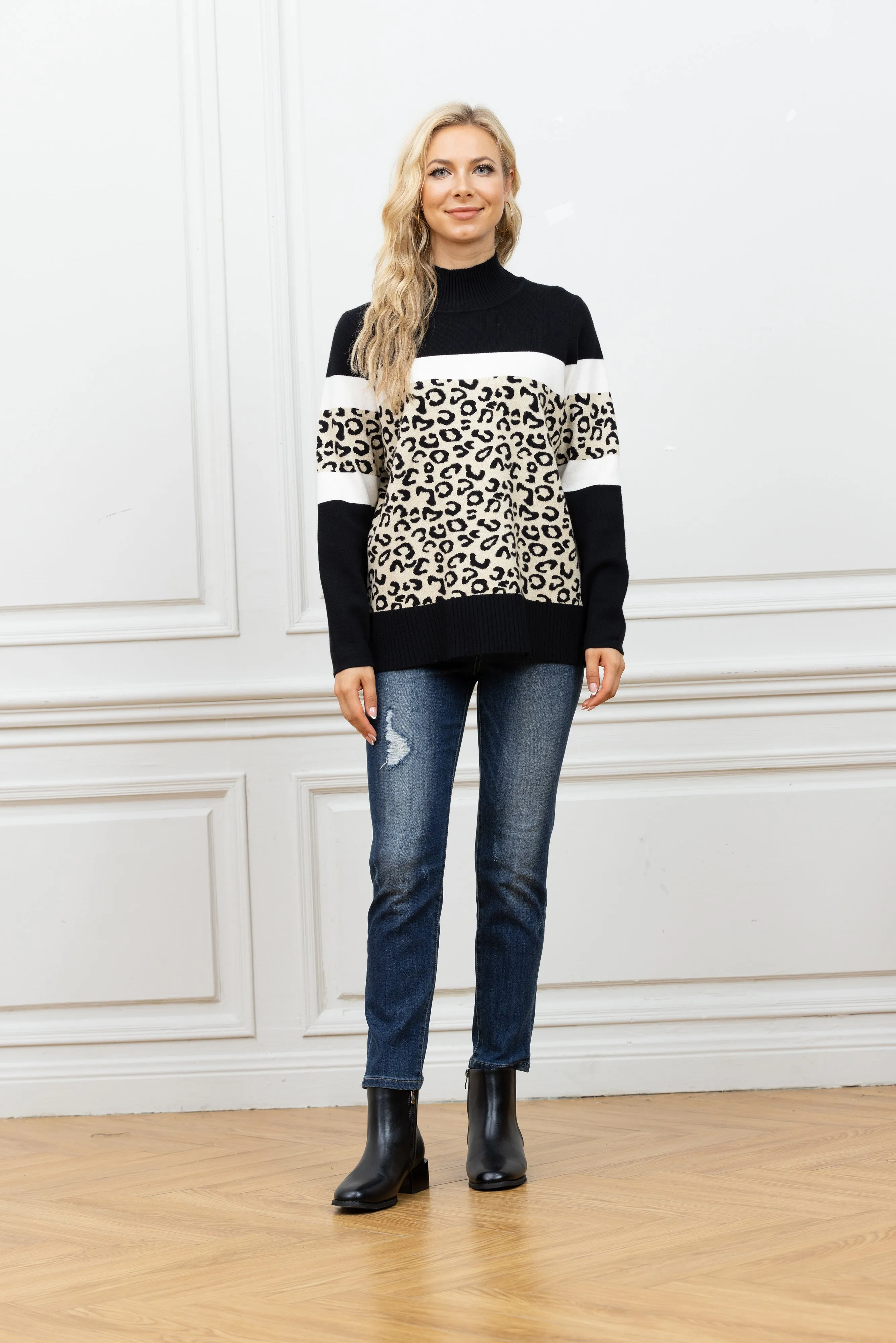 Animal Print Mock Neck Sweater