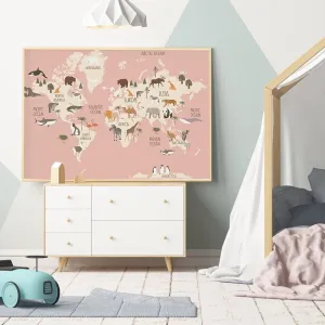 Animal World Map Nursery Canvas Cute Cartoon Decor