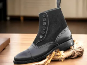 Ankle High Handmade Black Leather Suede Button Top Men's Stylish Boot