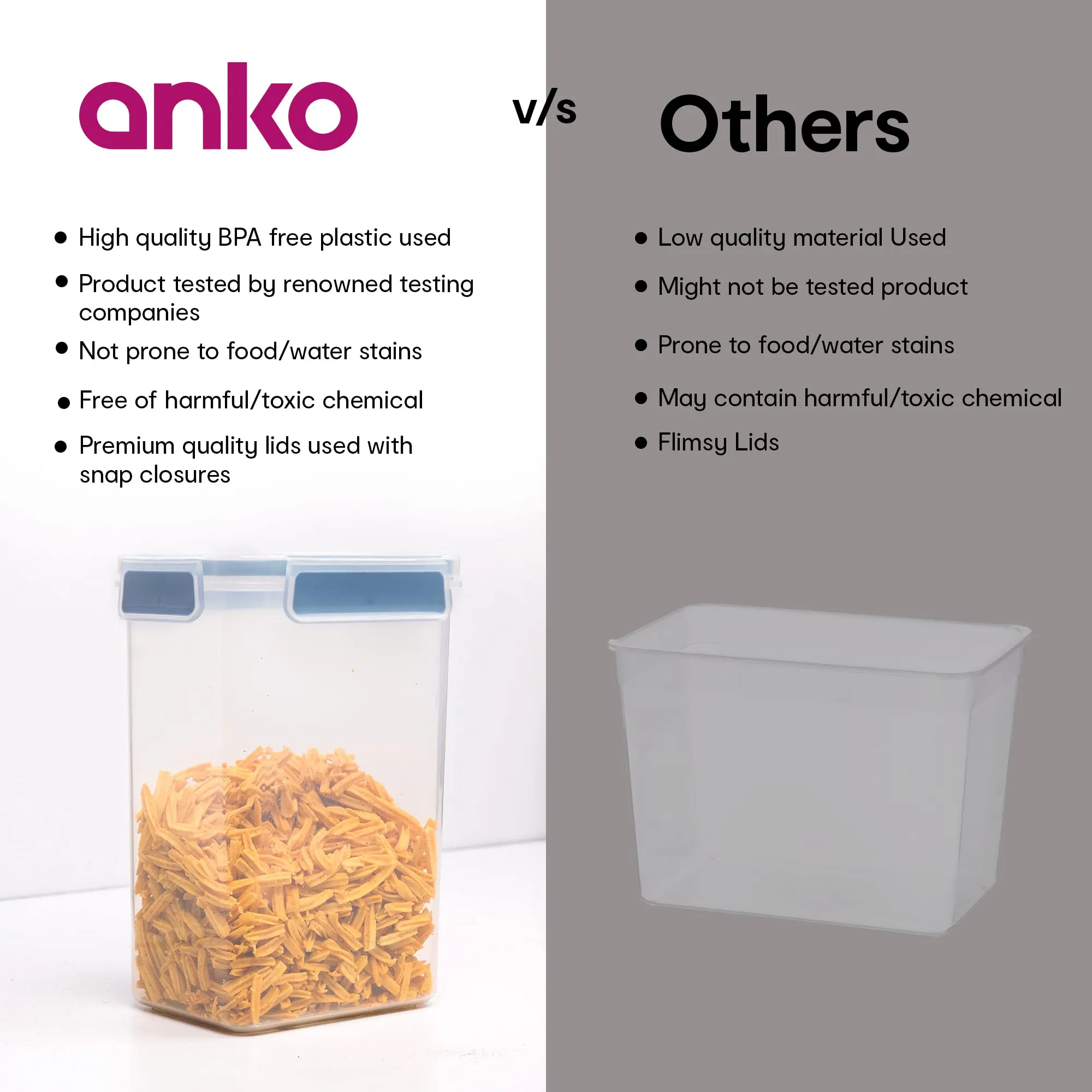 Anko 1.5 L BPA-free Leak-proof Airtight Plastic Storage Container/Jar With Lockable Lids | Storage Container/Pasta Container With Spill-proof Lid | Containers Ideal for Pasta, Nuts, Cookies & Cereals