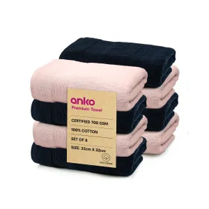 Anko Australia 100% Cotton 700 GSM Plush Face Towel | Set of 8 | Super-Soft, Absorbent, Quick-Drying | Navy Blue & Soft Pink Towel for Men, Women & Kids | 33x33 cm |Travel, Gym, Spa Towel