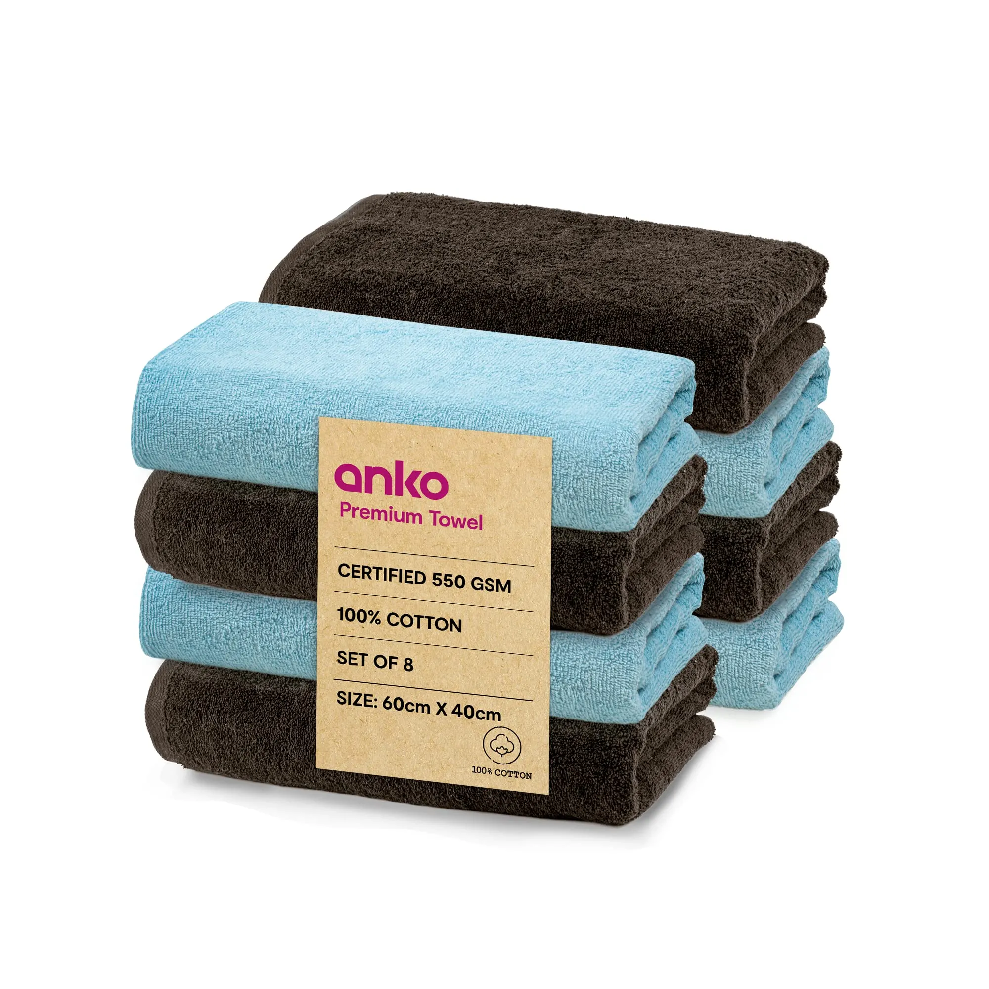 Anko Australia 100% Cotton Malmo 550 GSM |Blue and Grey Hand Towel Set of 8 | 60 x 40 cm | Soft & Plush, Absorbent, Quick Dry, Fade-Resistant Face Towels | Travel, Gym, Spa, Salon Towel