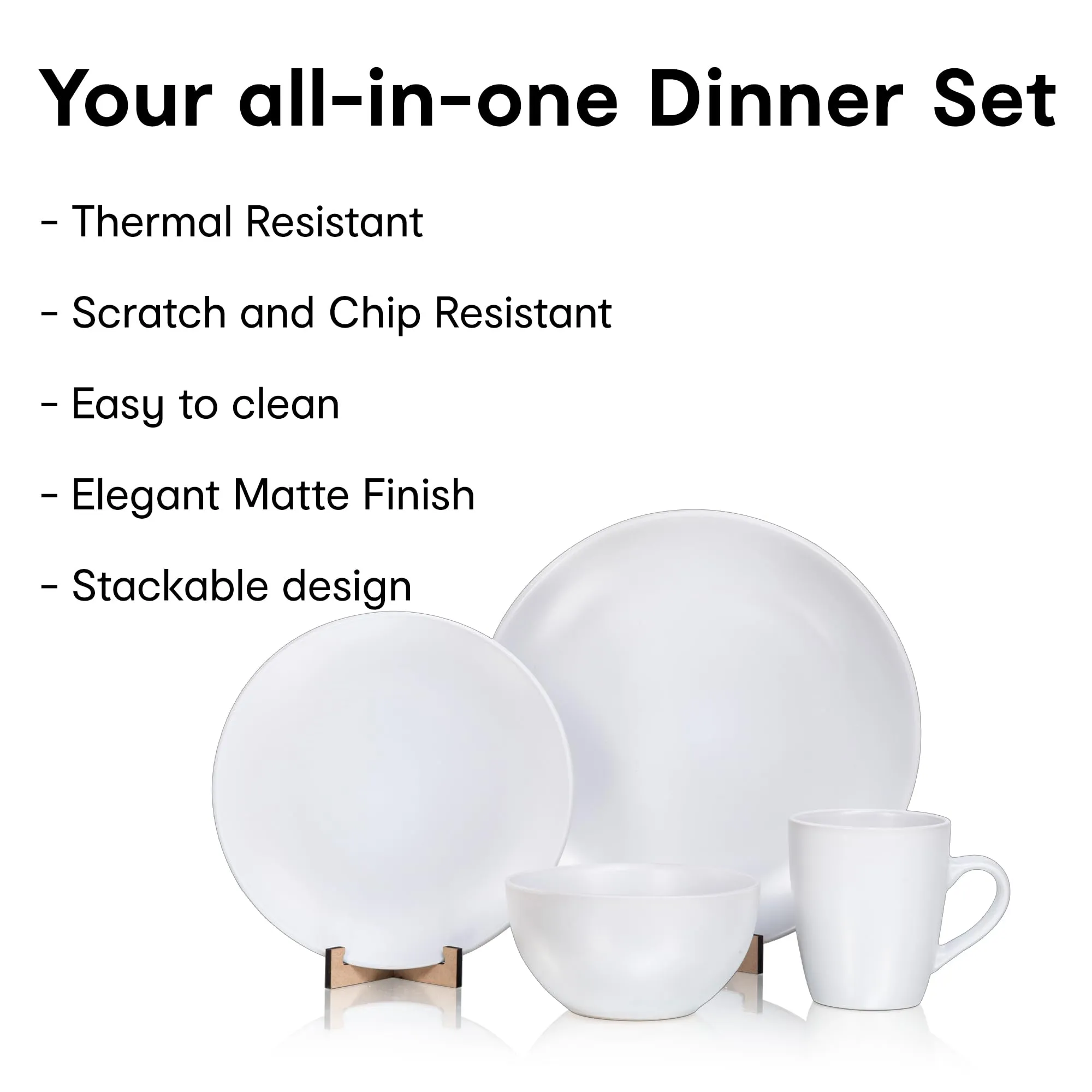 Anko Café White 24 Piece Dinner Set/Classy Stoneware Dinner Set With 6 Side Pl6 Dinner Plates, 6 Bowls, And 6 Mugs,White Dinner Set - Solid