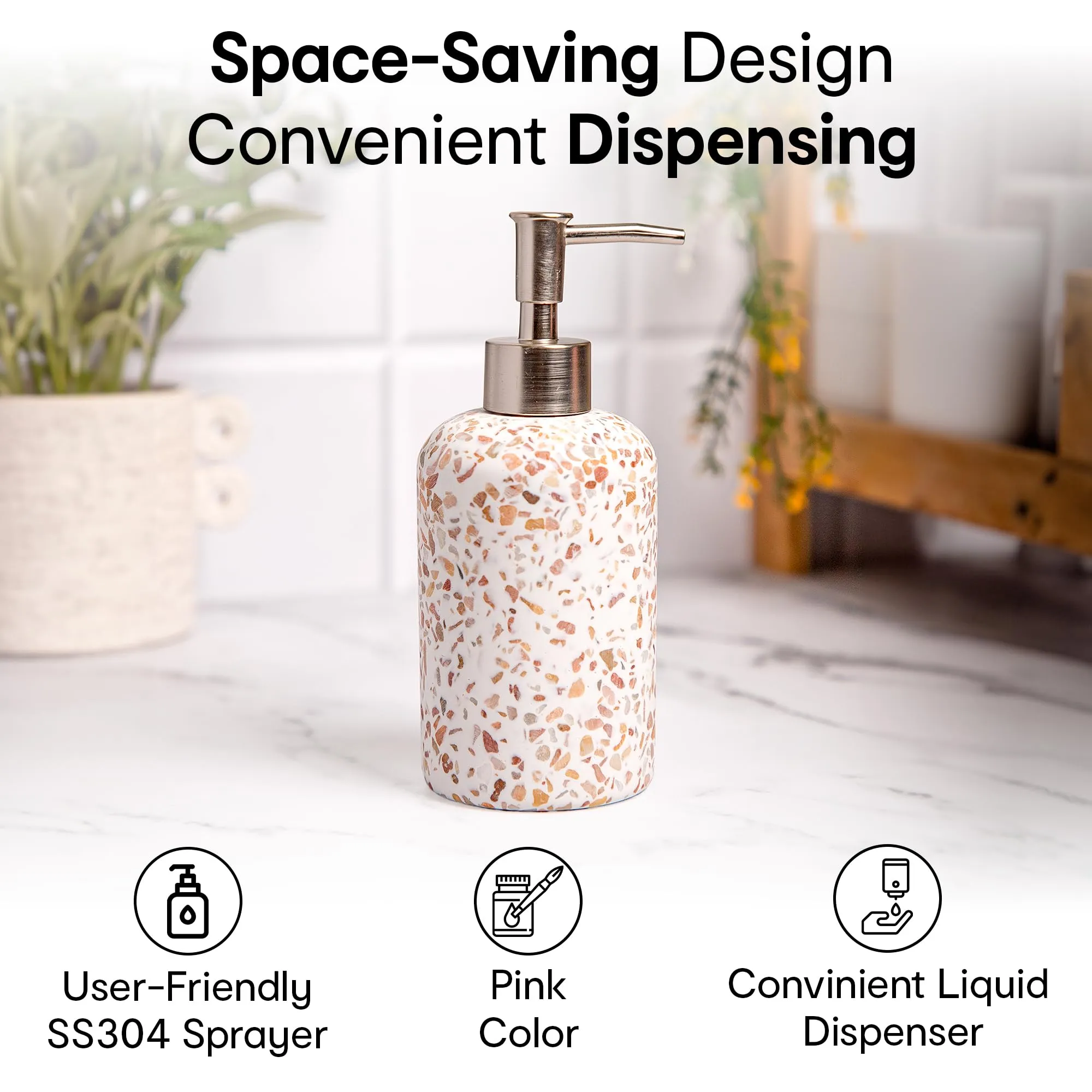 Anko Terrazzo Soap Dispenser - Set of 3| Stylish Bathroom Accessory with Terrazzo Design | 18cm Height, Pink Color