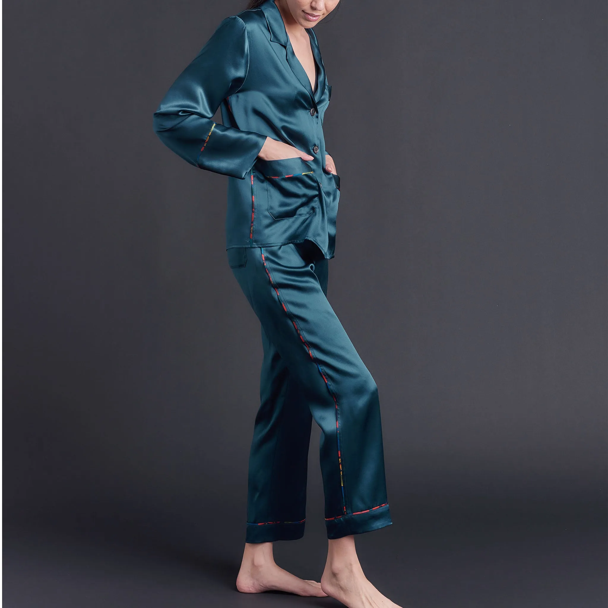 Annabel Pajama Top in Peacock Silk Charmeuse