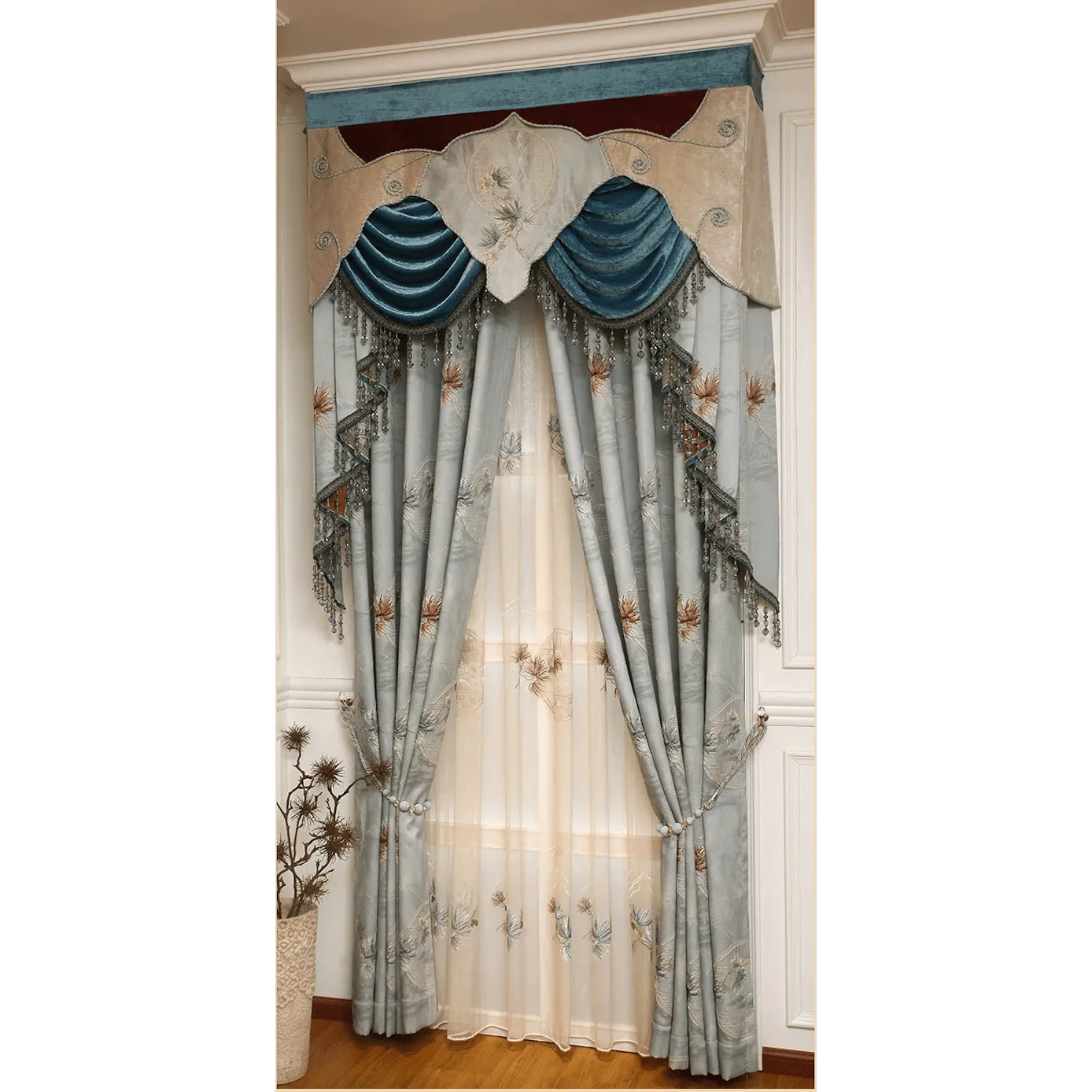 Annapolis Luxury Valance - Floral Blue with Lace