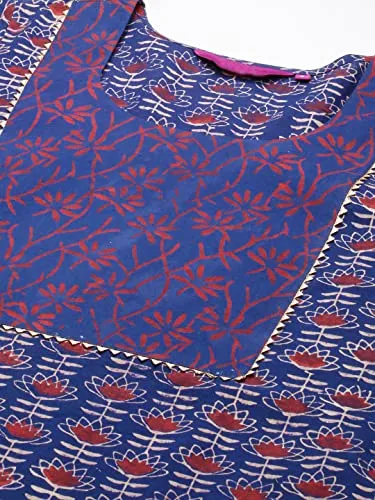 ANNI DESIGNER Women's Cotton Blend Printed Straight Kurta with Pant (Punya Blue_L_Blue_Large)