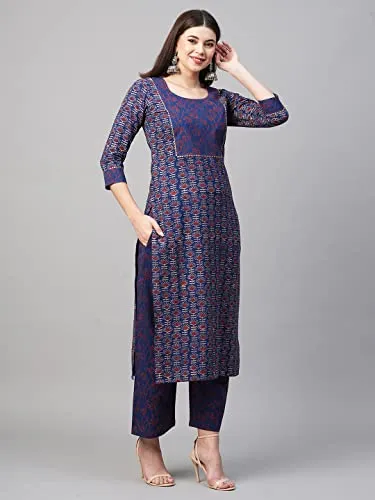 ANNI DESIGNER Women's Cotton Blend Printed Straight Kurta with Pant (Punya Blue_L_Blue_Large)