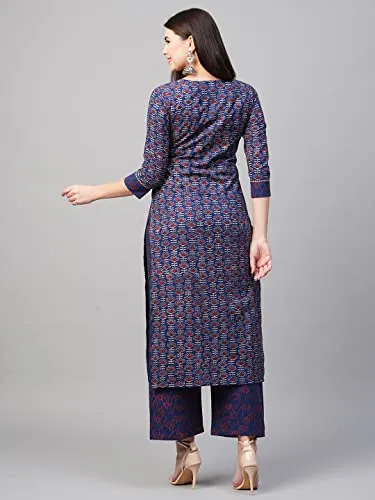 ANNI DESIGNER Women's Cotton Blend Printed Straight Kurta with Pant (Punya Blue_L_Blue_Large)